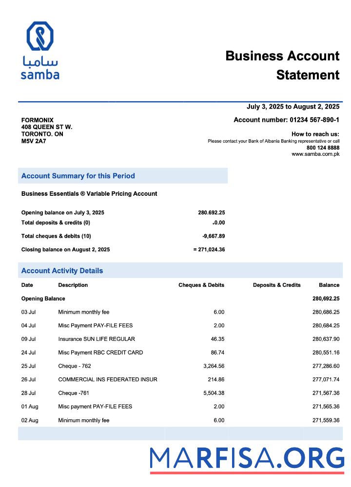 Realistic Saudi Arabia Samba firm account statement Word and PDF template